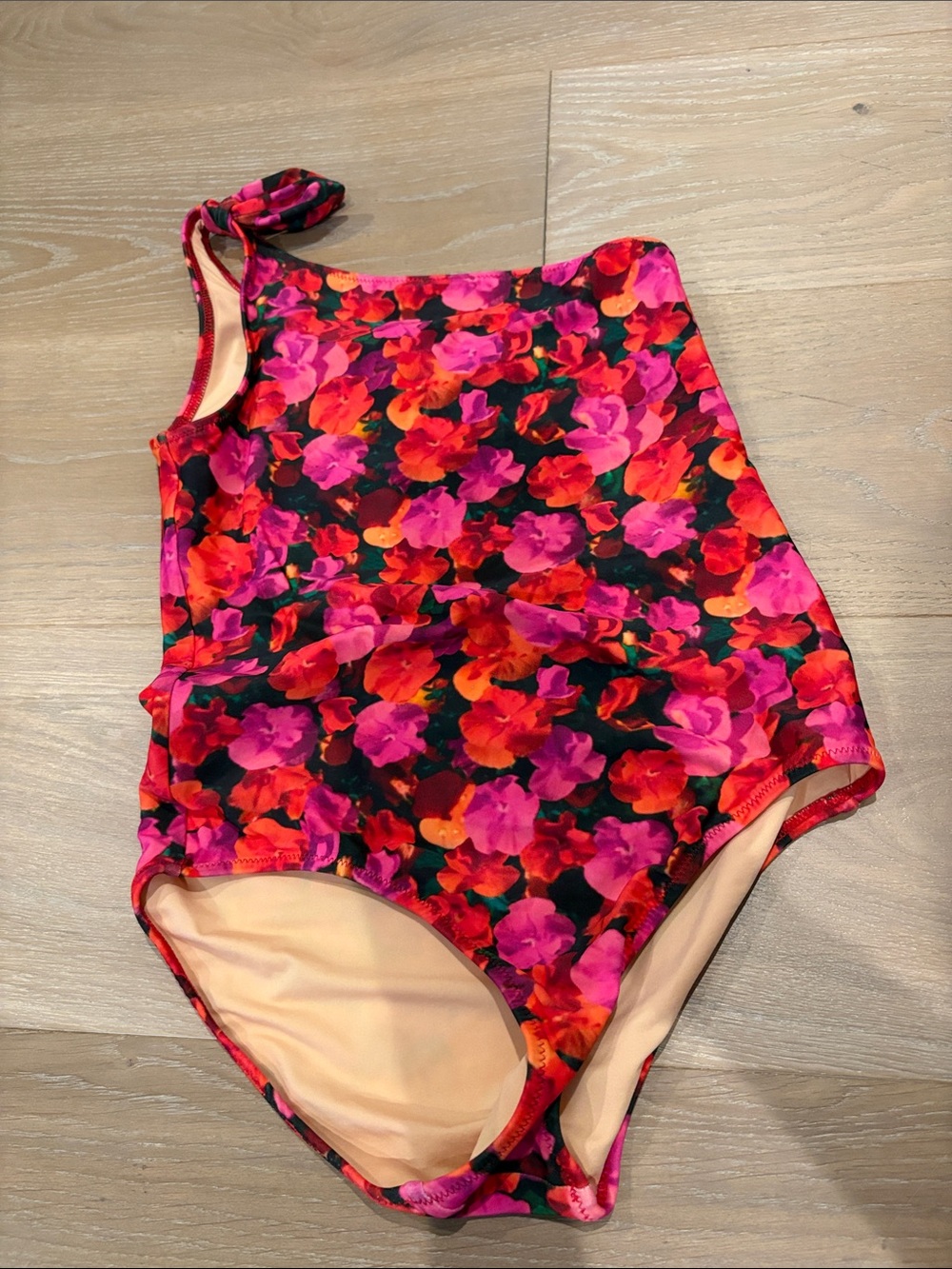 Crewcuts Girls Size 10 One-Shoulder Floral Swimsuit in Pink & Red.